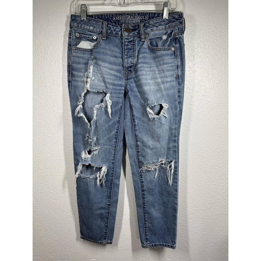 American Eagle Jeans Womens 2 Blue‎ Boy Crop Distressed Ripped Button Fly Denim